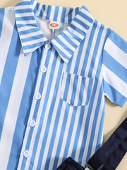 2pcs Toddler Boys Stripes Shirt & Suspenders Set Kids Summer Clothes