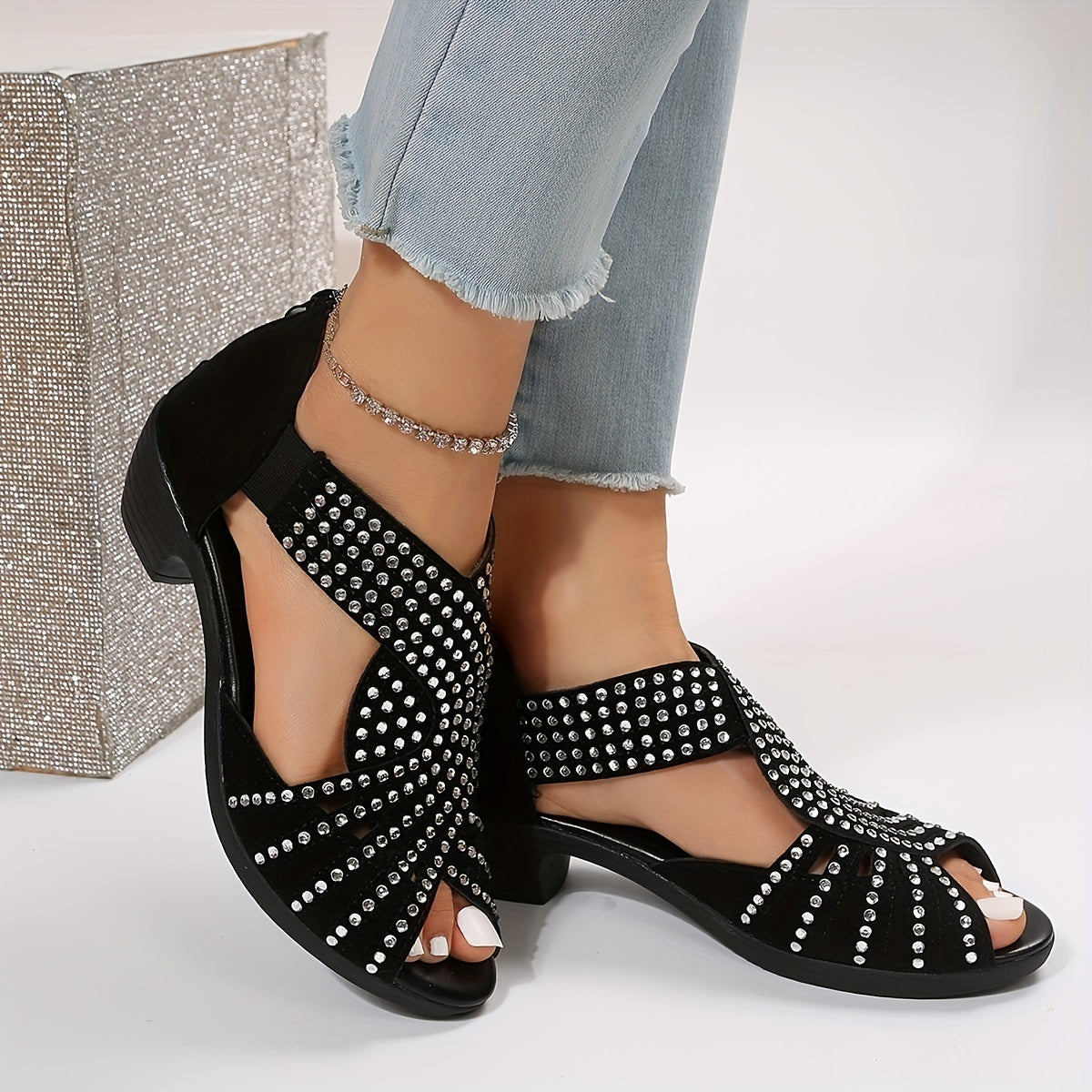 Rhinestone Cross Strap Sandals with Block Heel for Outdoor Activities