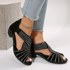 Rhinestone Cross Strap Sandals with Block Heel for Outdoor Activities