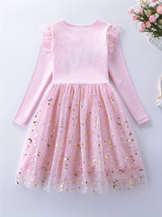 Girls' Sun & Moon Sequins Long Sleeve Princess Dress with Unicorn Embroidery