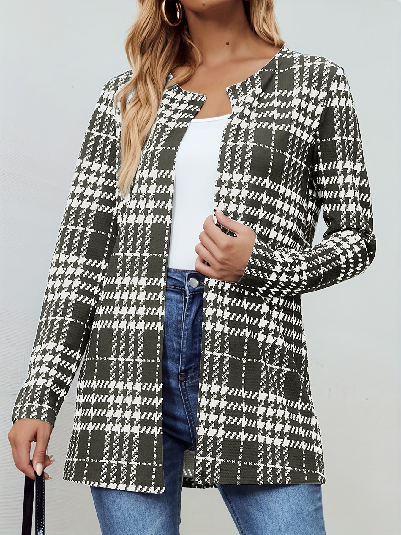 Plaid Open Front Jacket Long Sleeve for Fall