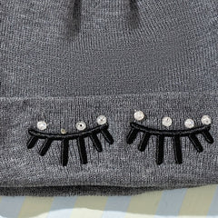 Gray Eyelash Embroidery Knit Beanie Hat