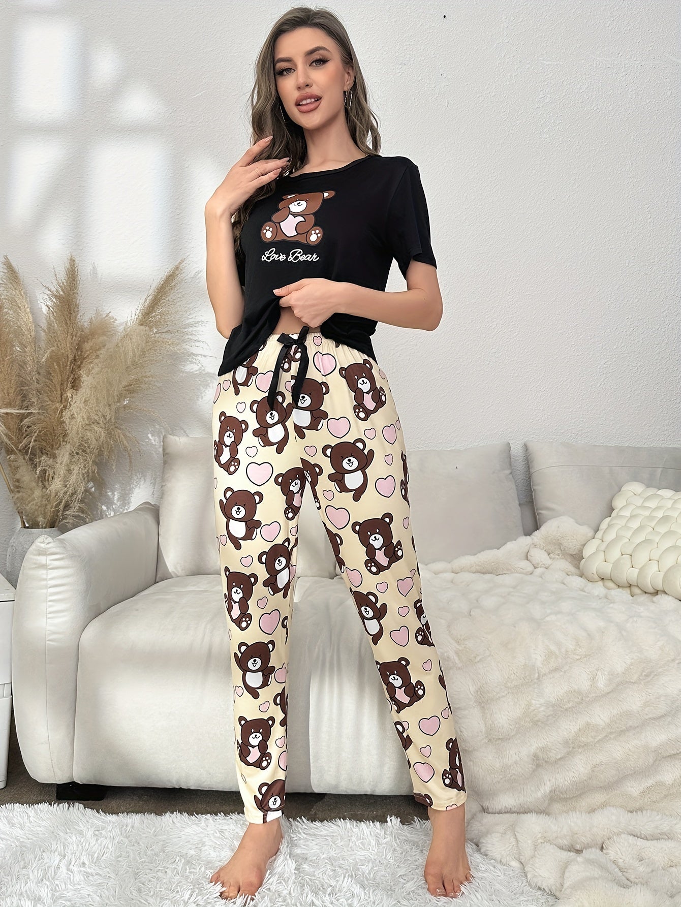 Bear Print Pajama Set Short Sleeve Top & Pants