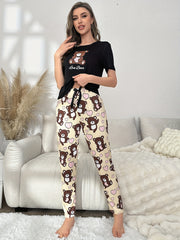 Bear Print Pajama Set Short Sleeve Top & Pants