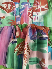 Patchwork Print Lantern Sleeve V Neck Maxi Dress