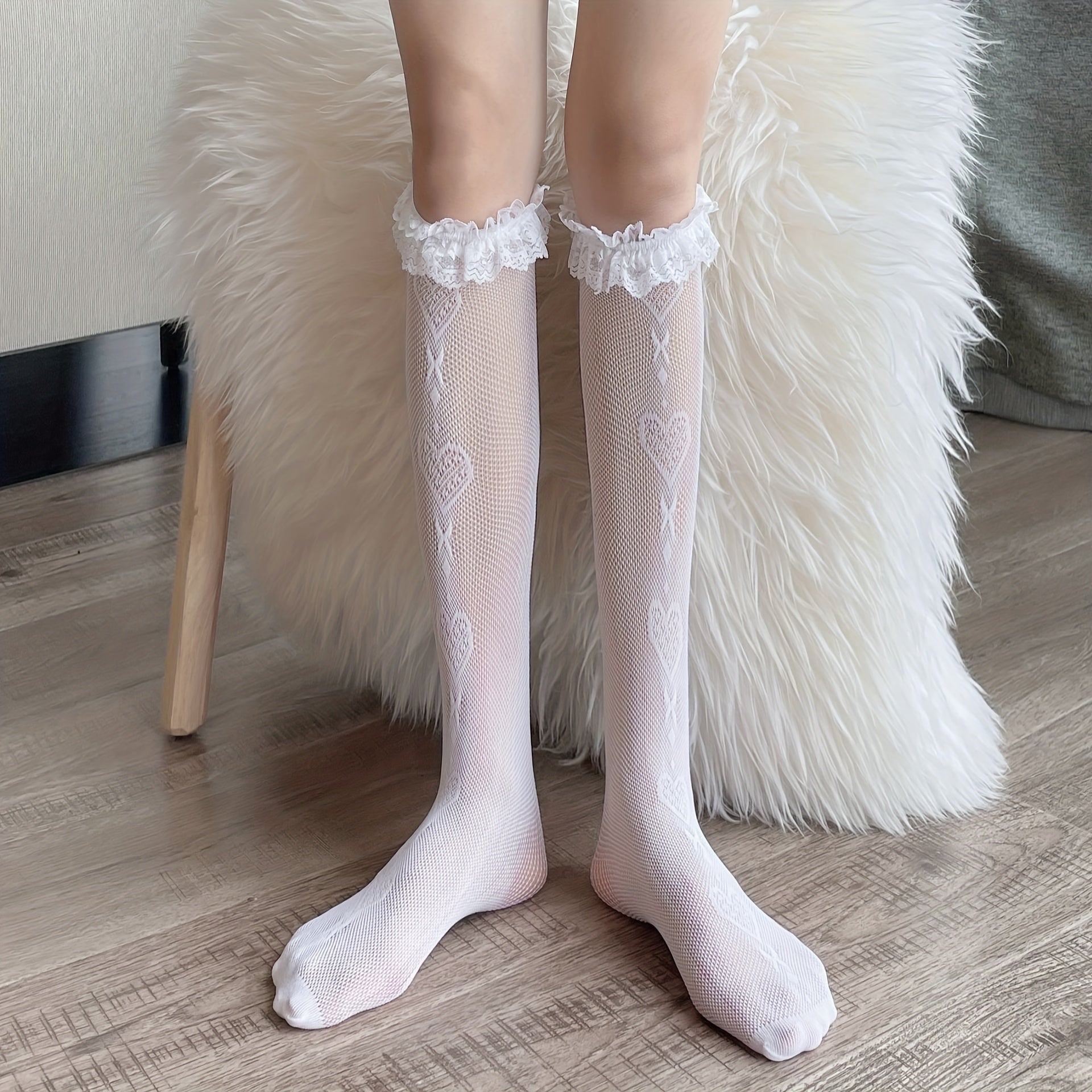 Heart Pattern Lace Calf Socks Lolita Ruffle Knee High Socks Women's Stockings