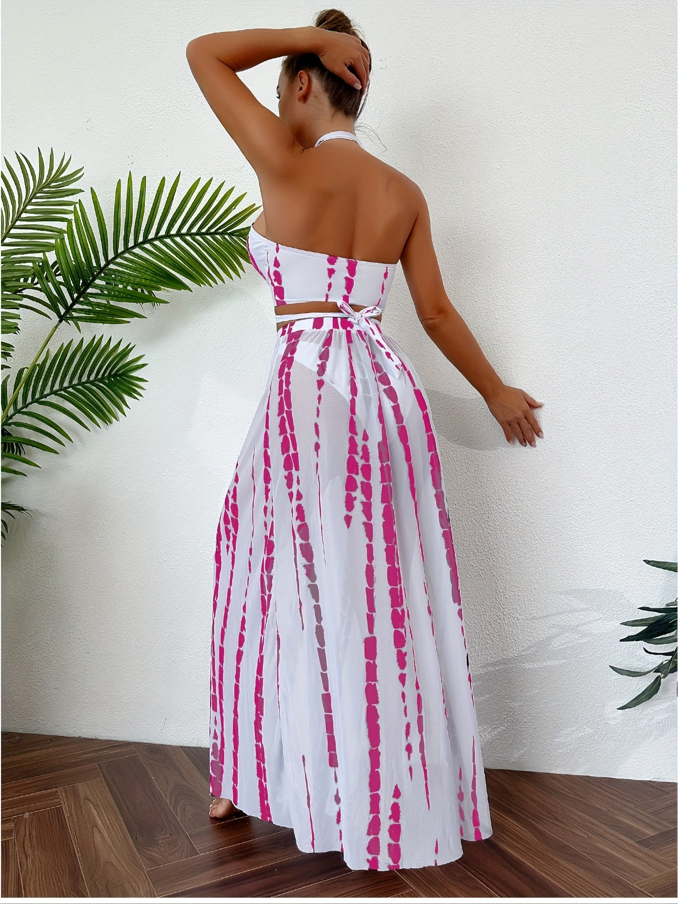 Tie Dye Halter Bikini Set with Cover Up Skirt