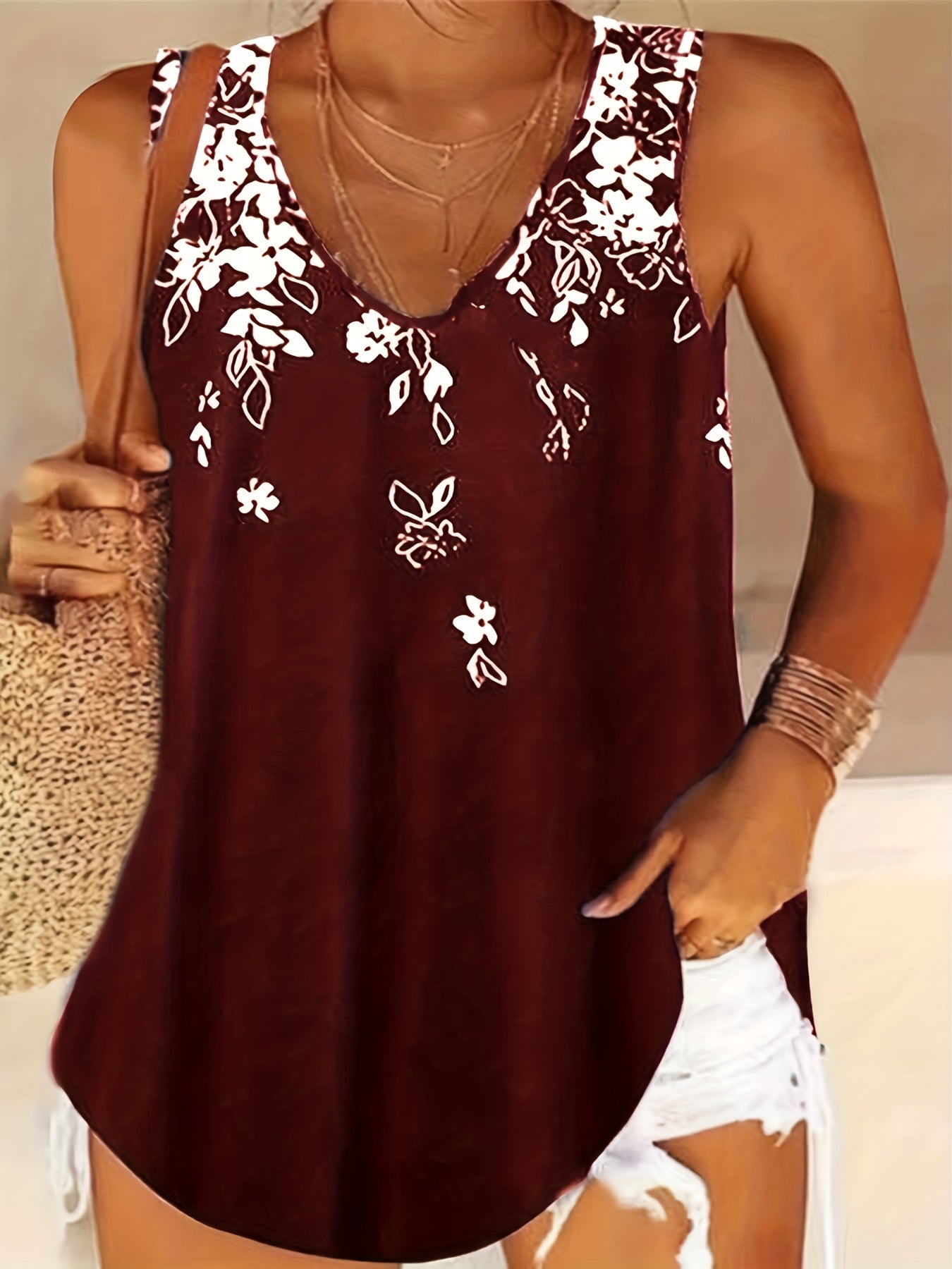 Floral Print V Neck Tank Top