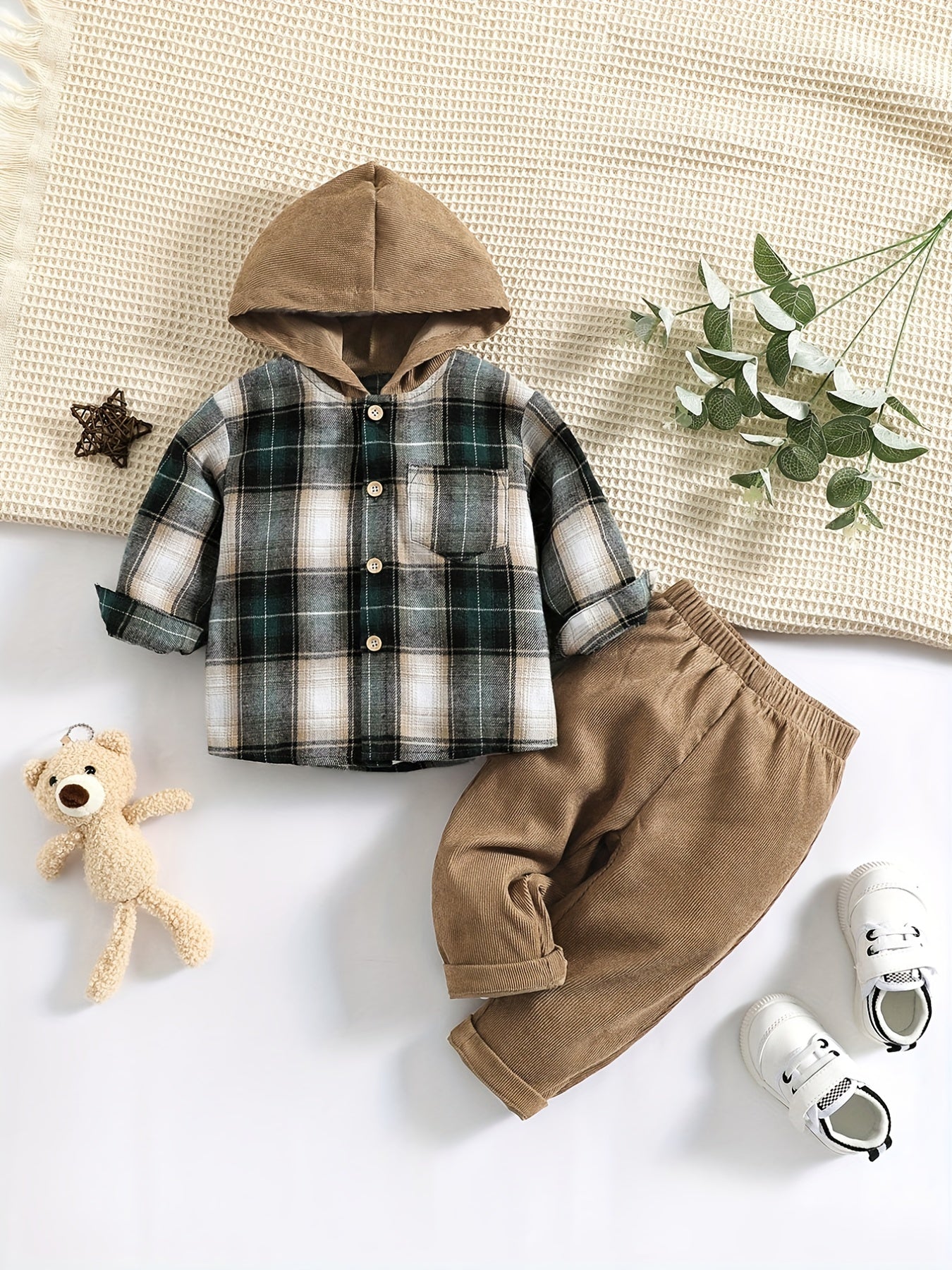 Baby Boys Plaid Hooded & Pants Set Newborn Sweatsuit 2pcs Outfit