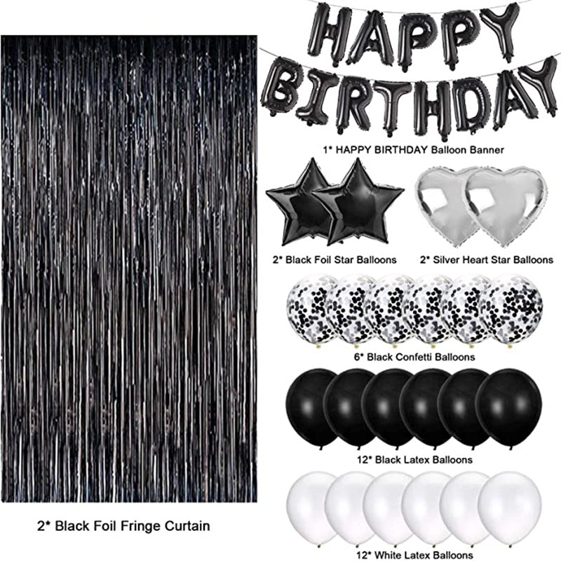 Happy Birthday Balloon Banner & Set with Foil Fringe Curtains