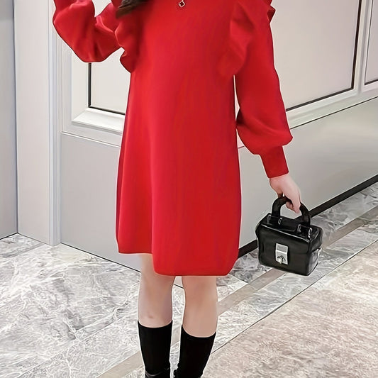 Girl's Sweater Knit Dress Ruffle Long Sleeve Warm Casual Dress