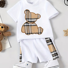 Plaid Bear Embroidery T shirt & Shorts Baby 2pcs Set Clothes
