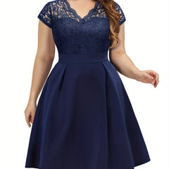 Contrast Lace Cap Sleeve V Neck A Line Dress