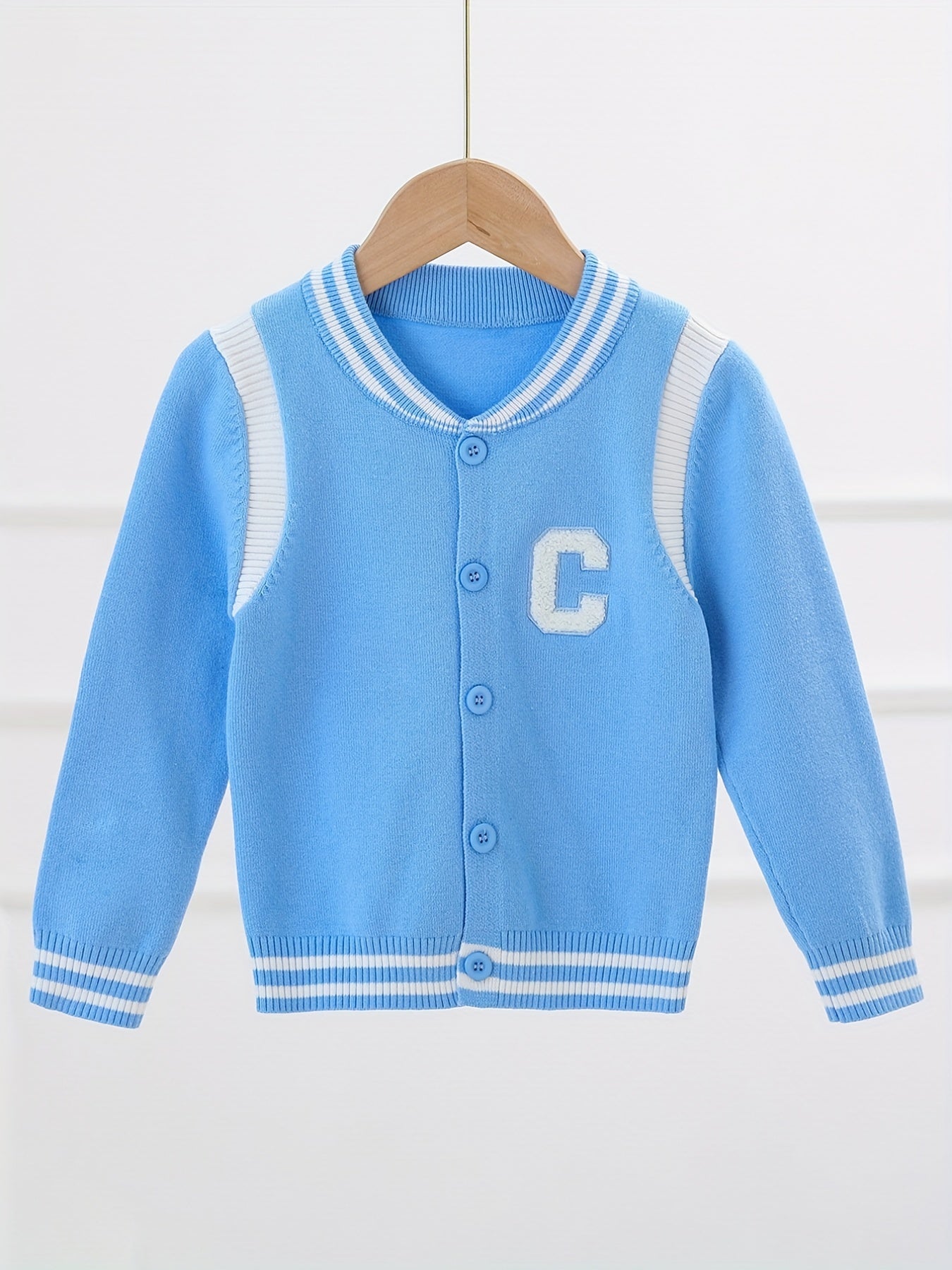 Boys Letter Embroidered Cardigan Sweater Crew Neck Tops