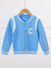 Boys Letter Embroidered Cardigan Sweater Crew Neck Tops