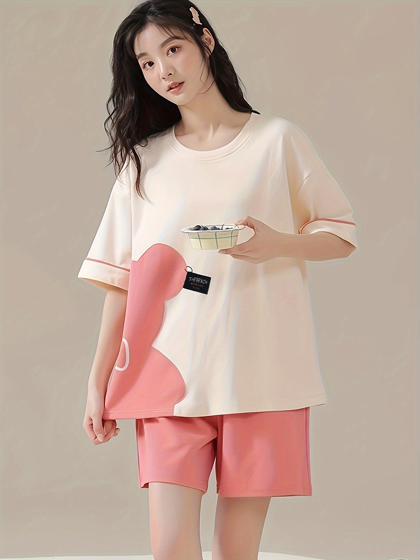 Bear Print Pajama Set Short Sleeve Crew Neck Top & Shorts