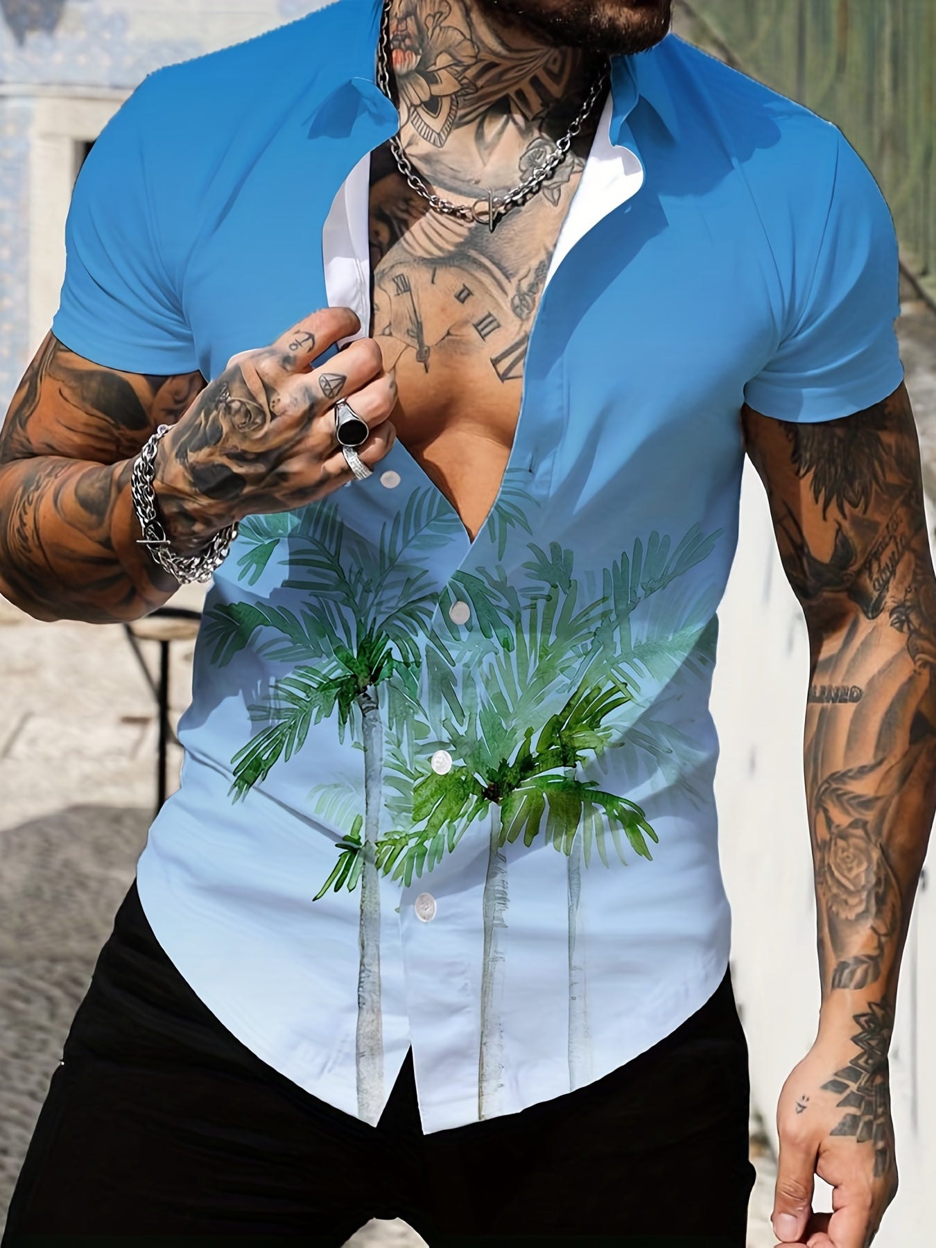 Coconut Tree Pattern Print Casual Short Sleeve Shirt Men's Hawaiian Shirt