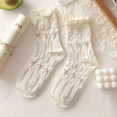 Thin Bow & Flower Pattern Socks Breathable Ruched Trim Mid Tube Women's Stocking