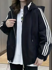 Striped Print Zip Up Jacket Casual Drawstring Hooded Jacket