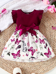 Baby Girls Butterfly Print Ruffle Sleeve Dress Belted Kids Summer Clothes