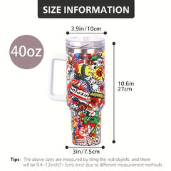 40oz Skull Print Water Bottle Stainless Steel Insulated Tumbler with Lid & Straw