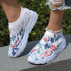 Women's Floral Print Knit Slip On Sneakers Low Top Sock Shoes Breathable Running