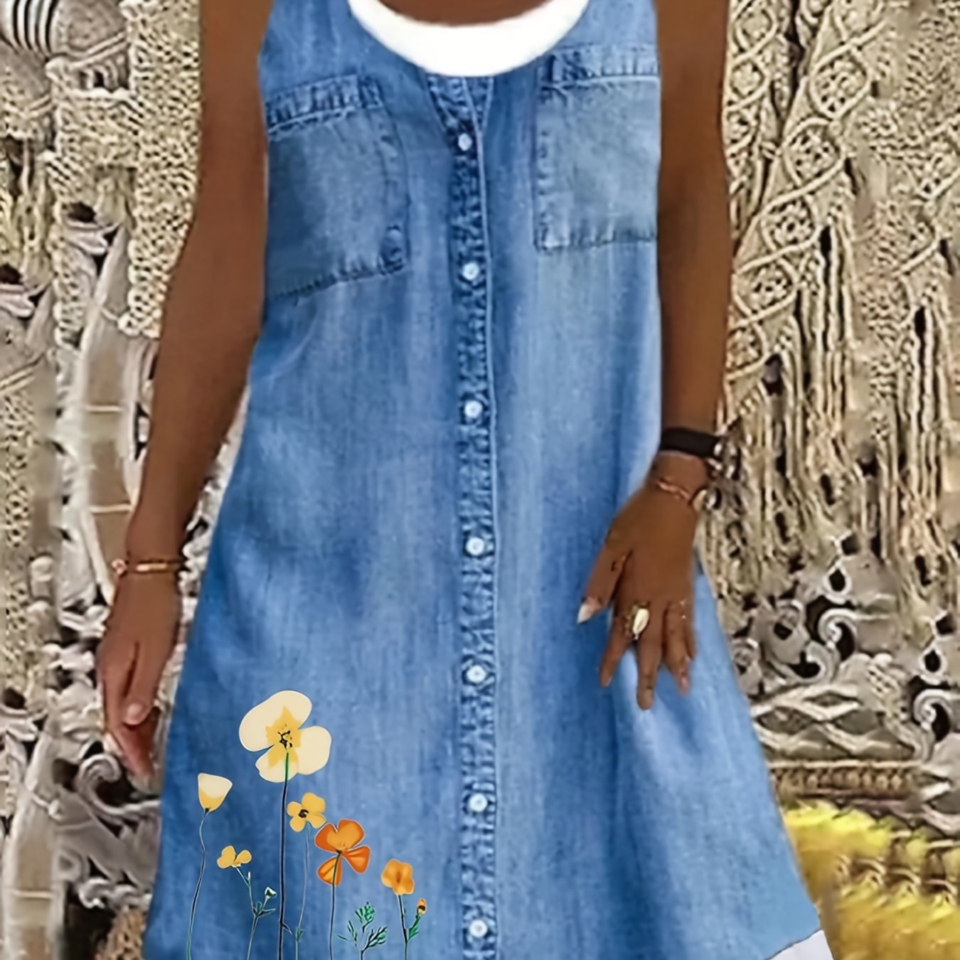 Women's Plus Floral & Denim Print Loose Tank Dress