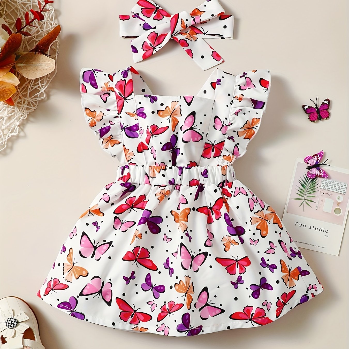 Toddler Girls Ruffle Trim Butterfly Graphic Princess Dress with Hairband