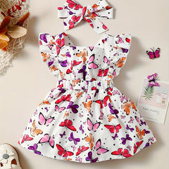 Toddler Girls Ruffle Trim Butterfly Graphic Princess Dress with Hairband