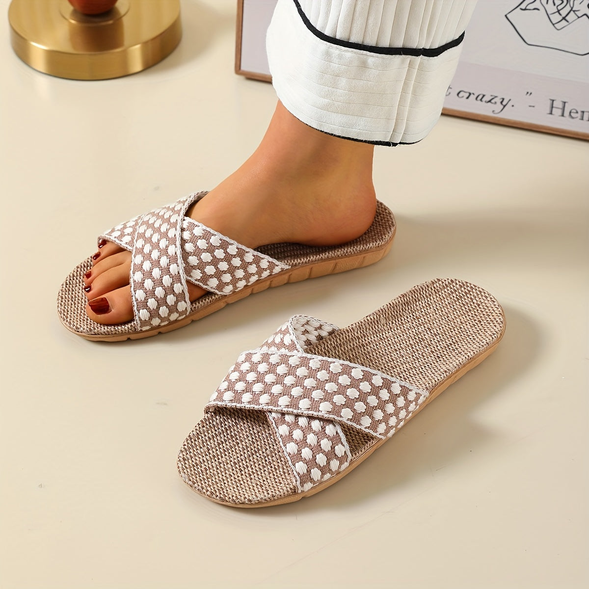 Women's Linen Flat Slides Cross Strap Floral Non Slip Shoes