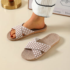 Women's Linen Flat Slides Cross Strap Floral Non Slip Shoes