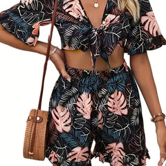 Tropical Print Two-piece Set Tie Front Crop Top & High Waist Shorts Outfit