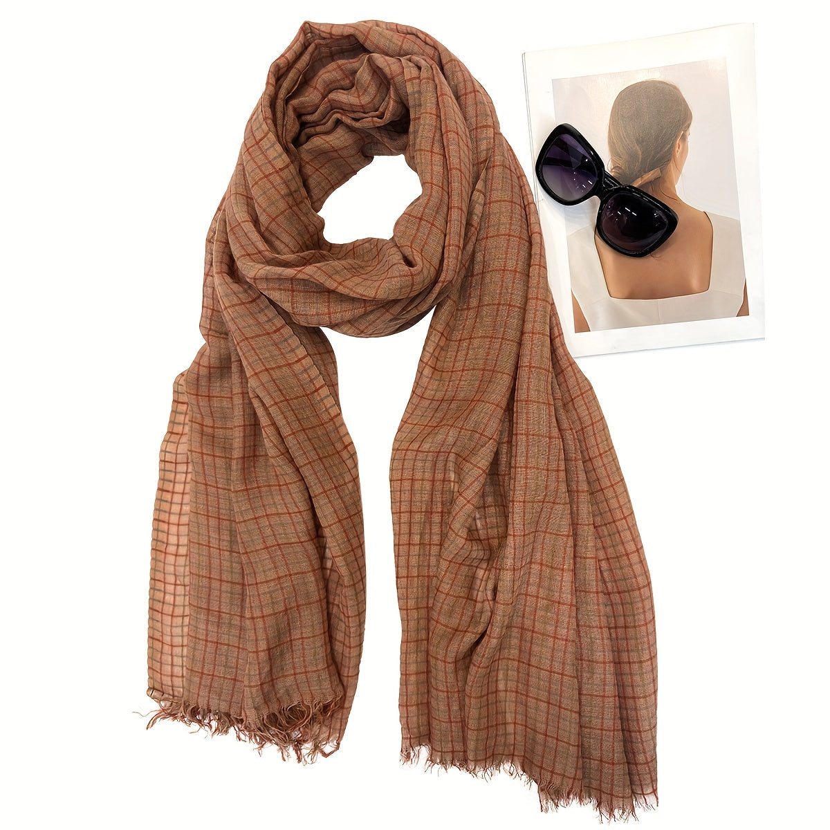 Plaid Pattern Scarf Vintage Frayed Edge Shawl Windproof Head Wrap