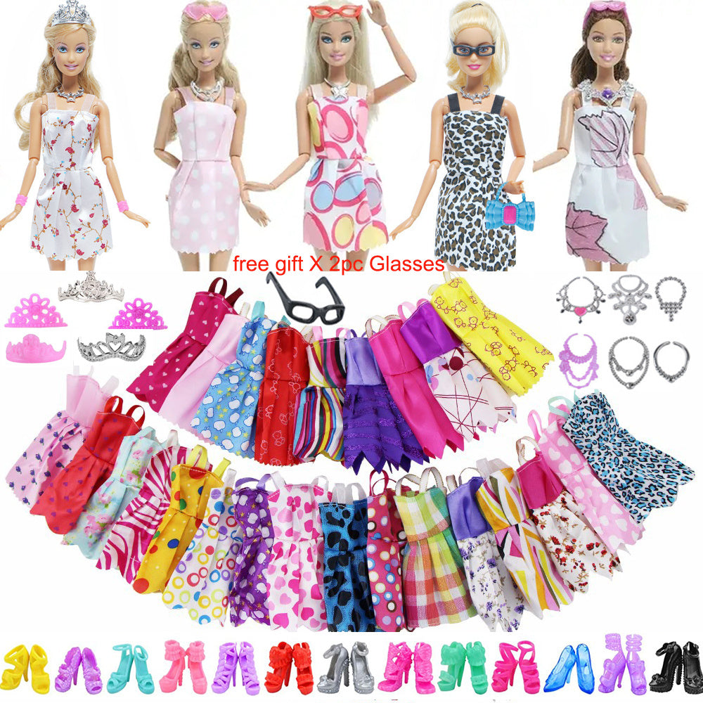 22pcs Doll Accessories Random Style - Shoes, Dresses, Necklaces, Crown, Glasses