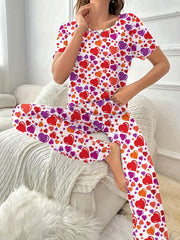 Heart Print Pajama Set Short Sleeve Top & Lounge Pants Women's Sleepwear