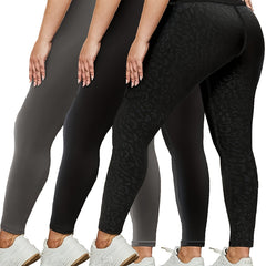 3 Pc Plus Size Sports Leggings Set Wide Waistband Stretchy Slimming Yoga Pants