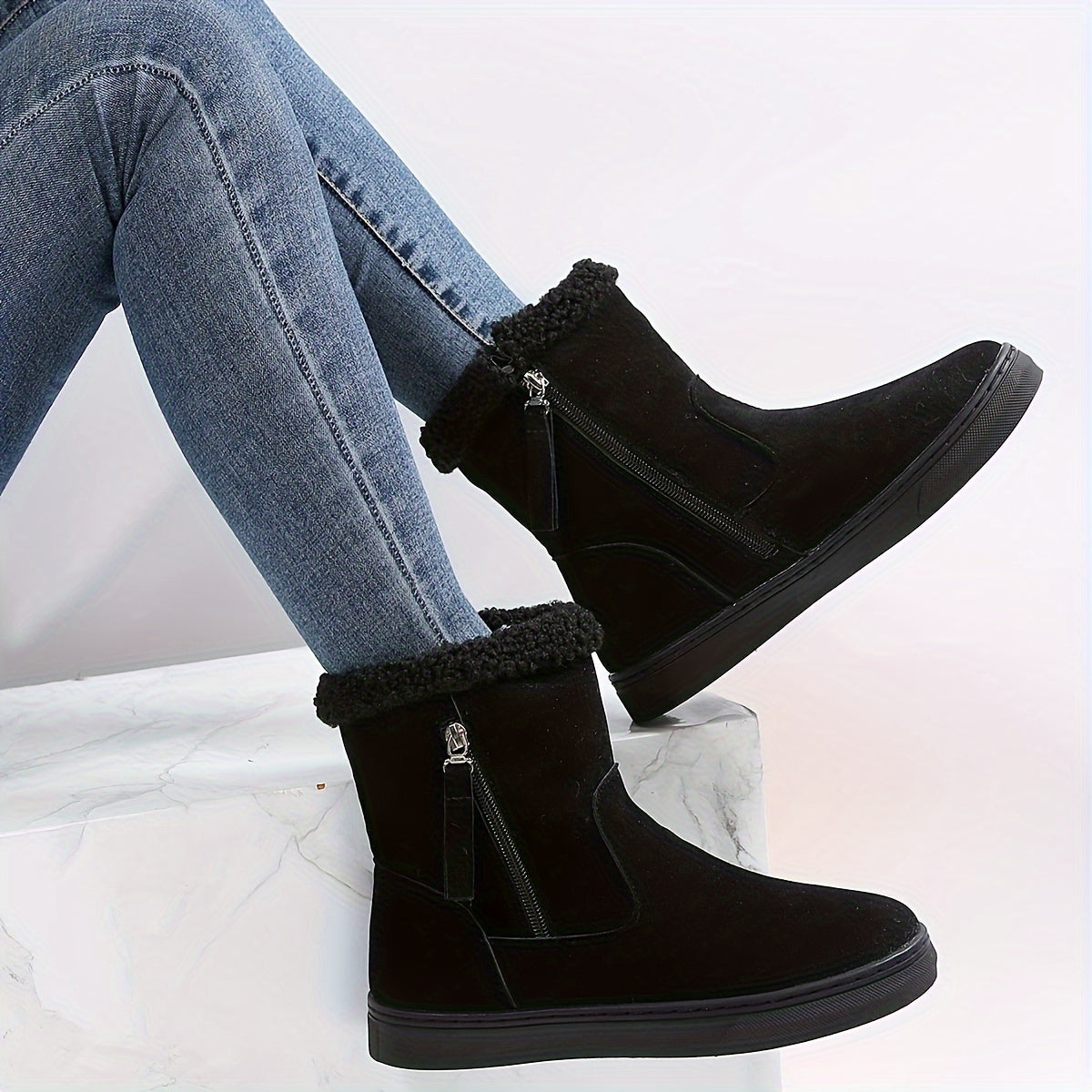 Side Zipper Solid Suede Flat Thermal Snow Boots