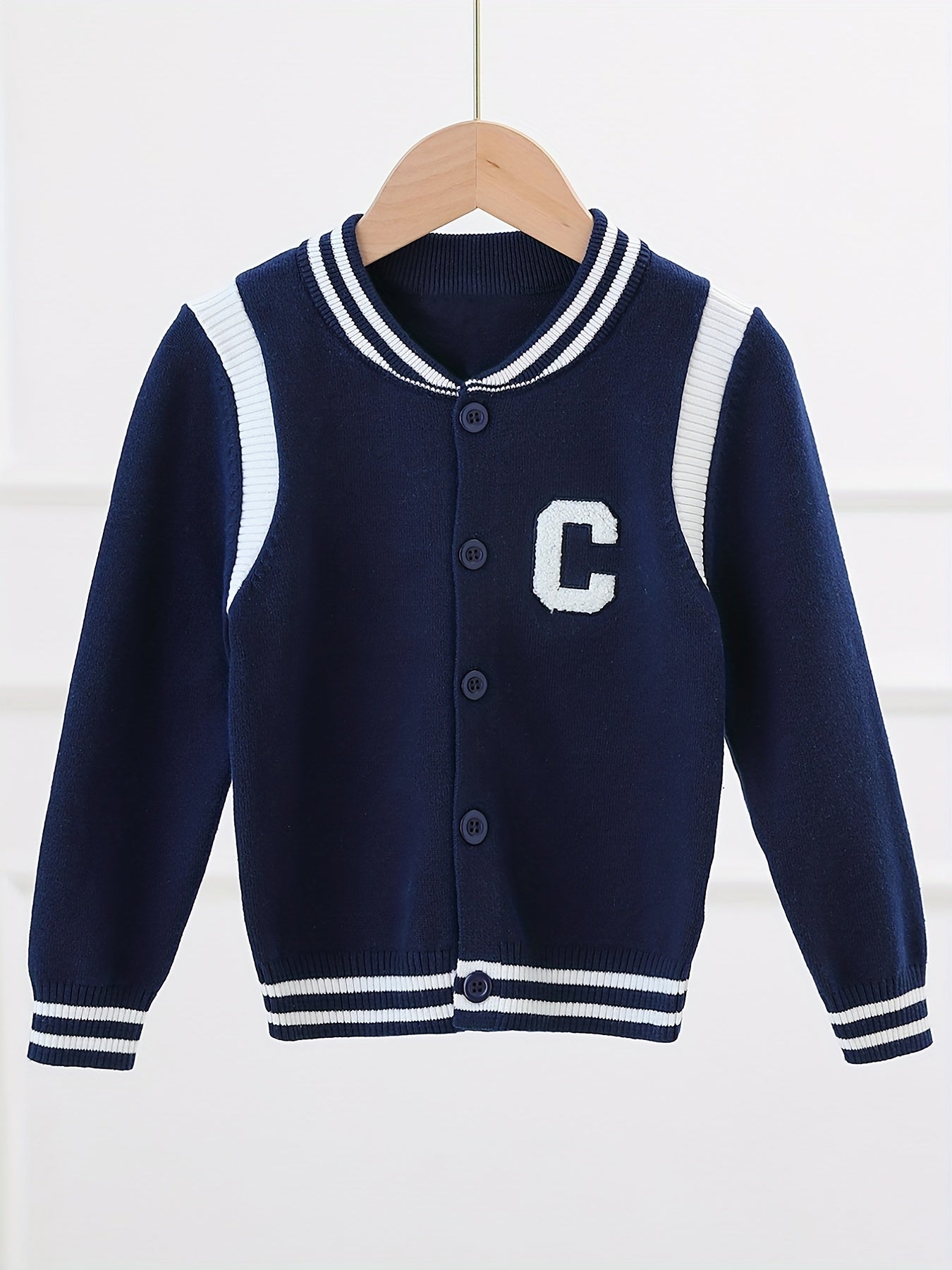 Boys Letter Embroidered Cardigan Sweater Crew Neck Tops