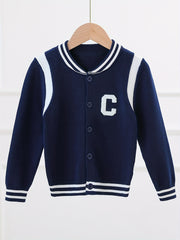 Boys Letter Embroidered Cardigan Sweater Crew Neck Tops