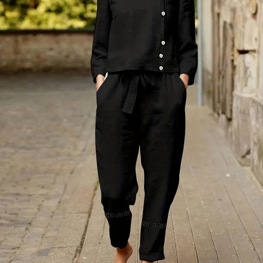 Casual Two piece Set Crew Neck Long Sleeve Tops & Wide Leg Pants