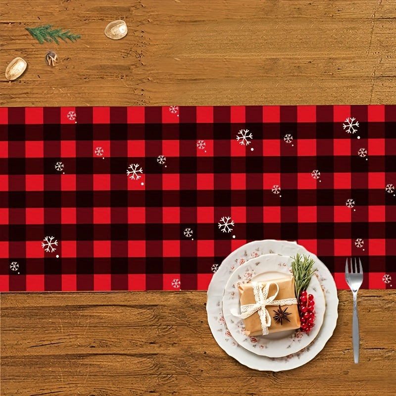 Merry Christmas Linen Table Runner Red Plaid Pattern Holiday Decoration