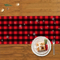 Merry Christmas Linen Table Runner Red Plaid Pattern Holiday Decoration