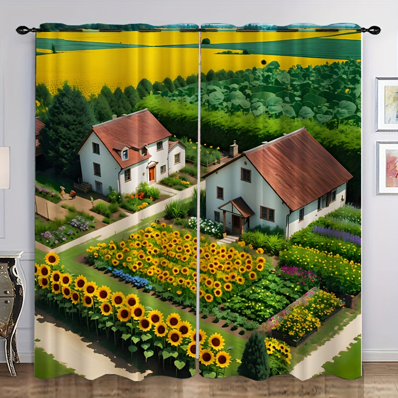 2pcs Cartoon Sunflower Village Curtain - Window Curtain for Outdoor Shelter