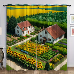 2pcs Cartoon Sunflower Village Curtain - Window Curtain for Outdoor Shelter