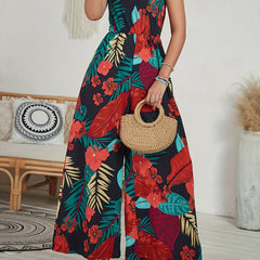 Tropical Print Spaghetti Jumpsuit Boho Wide Leg Sleeveless Summer Jumpsuit