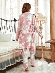 Floral Print Lounge Set Robe Cami Top Pants