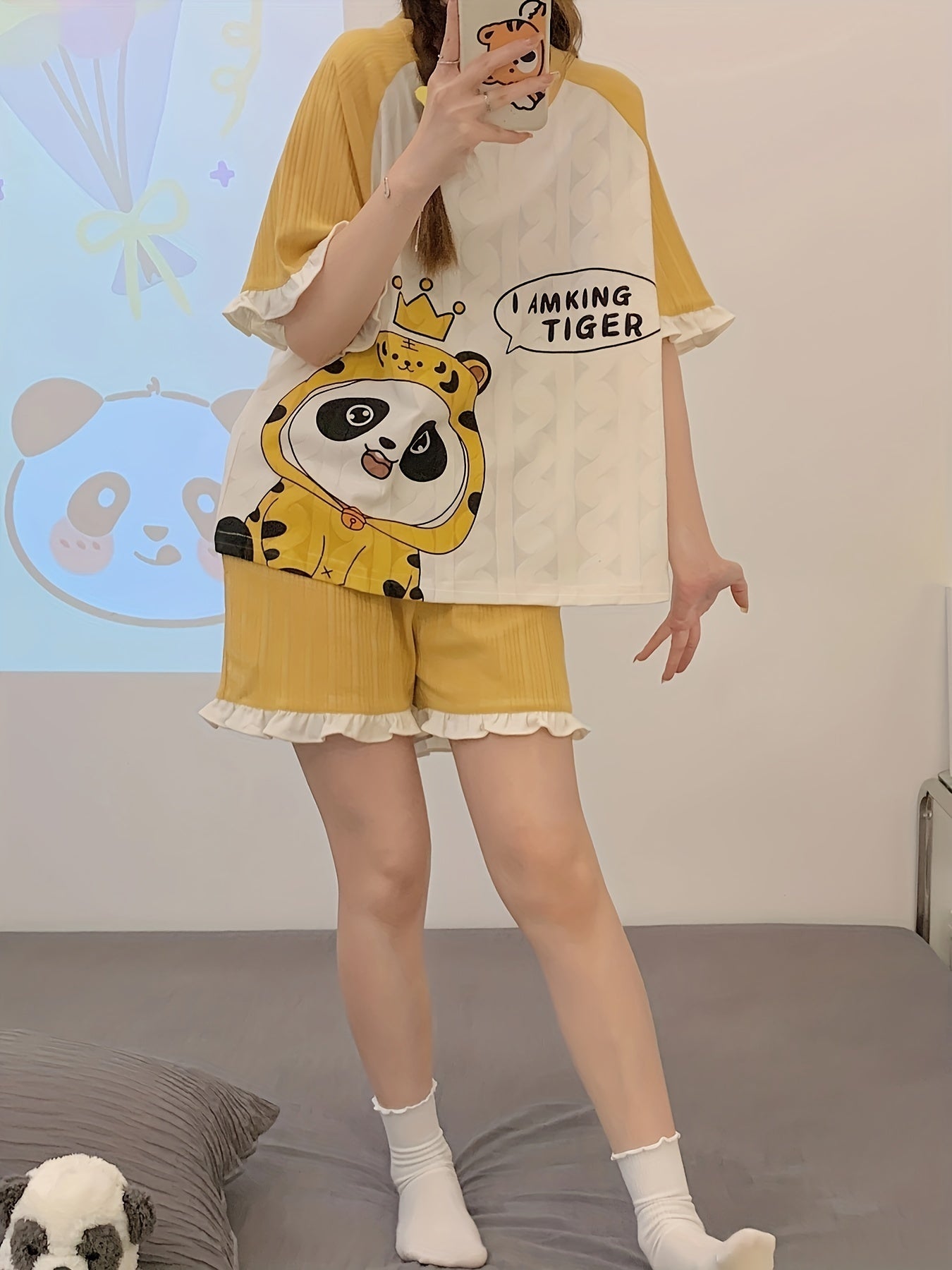 Cartoon Animal Print Pajama Set Short Sleeve Crew Neck Top & Ruffle Shorts