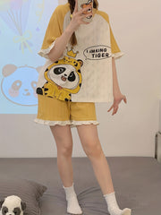 Cartoon Animal Print Pajama Set Short Sleeve Crew Neck Top & Ruffle Shorts