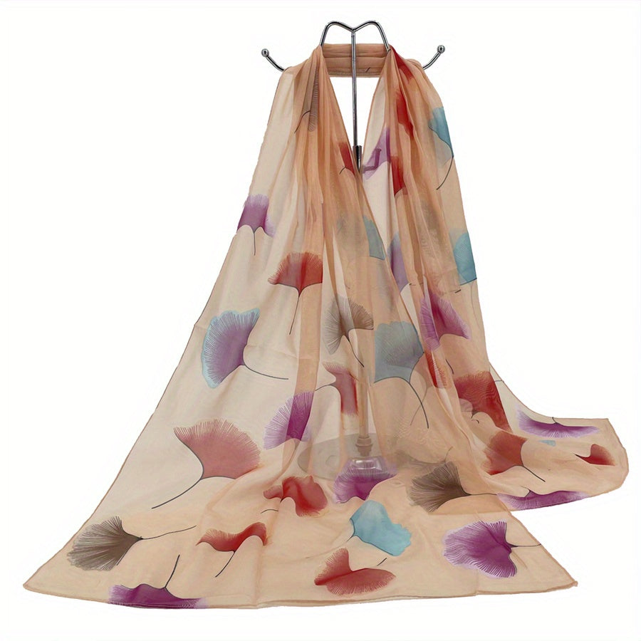 Ginkgo Leaf Print Chiffon Scarf Silk Shawl Windproof Head Wrap