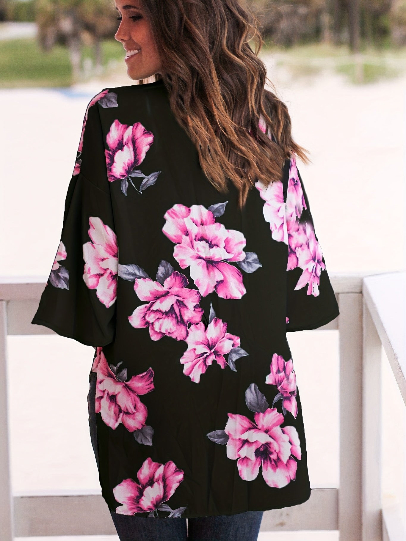Floral Print V Neck Cover Up Shirts Long Sleeves Loose Fit